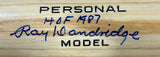 Close-up of a tan Adirondack bat by Sports Integrity, featuring "PERSONAL MODEL" and "H&B 487" in black, with Ray Dandridge's blue signature and HOF 1987 inscription from the Newark Eagles, authenticated by JSA.