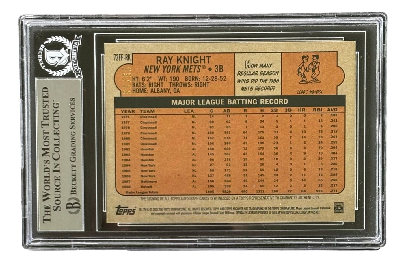 Ray Knight Signed 2022 Topps Archives #72FFRK Mets Trading Card LE/25 BAS