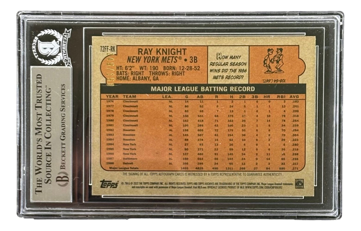 Ray Knight Signed 2022 Topps Archives #72FFRK Mets Trading Card LE/150 BAS