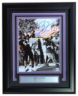 The Sports Integrity Ray Lewis Signed Framed 8x10 Baltimore Ravens Flag Photo (BAS ITP) features Ray Lewis celebrating on the field in uniform with an American flag, plus a plaque noting his Hall of Fame 2018 induction.