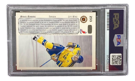 A Mikael Renberg Signed 1992 Upper Deck #233 Philadelphia Flyers Rookie Card by Sports Integrity, PSA graded, featuring Renberg on the ice, with his biography and stats on the back.