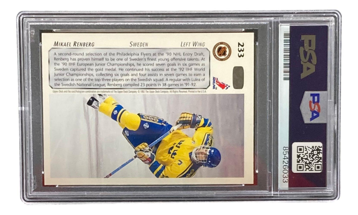 A Mikael Renberg Signed 1992 Upper Deck #233 Philadelphia Flyers Rookie Card by Sports Integrity, PSA graded, featuring Renberg on the ice, with his biography and stats on the back.
