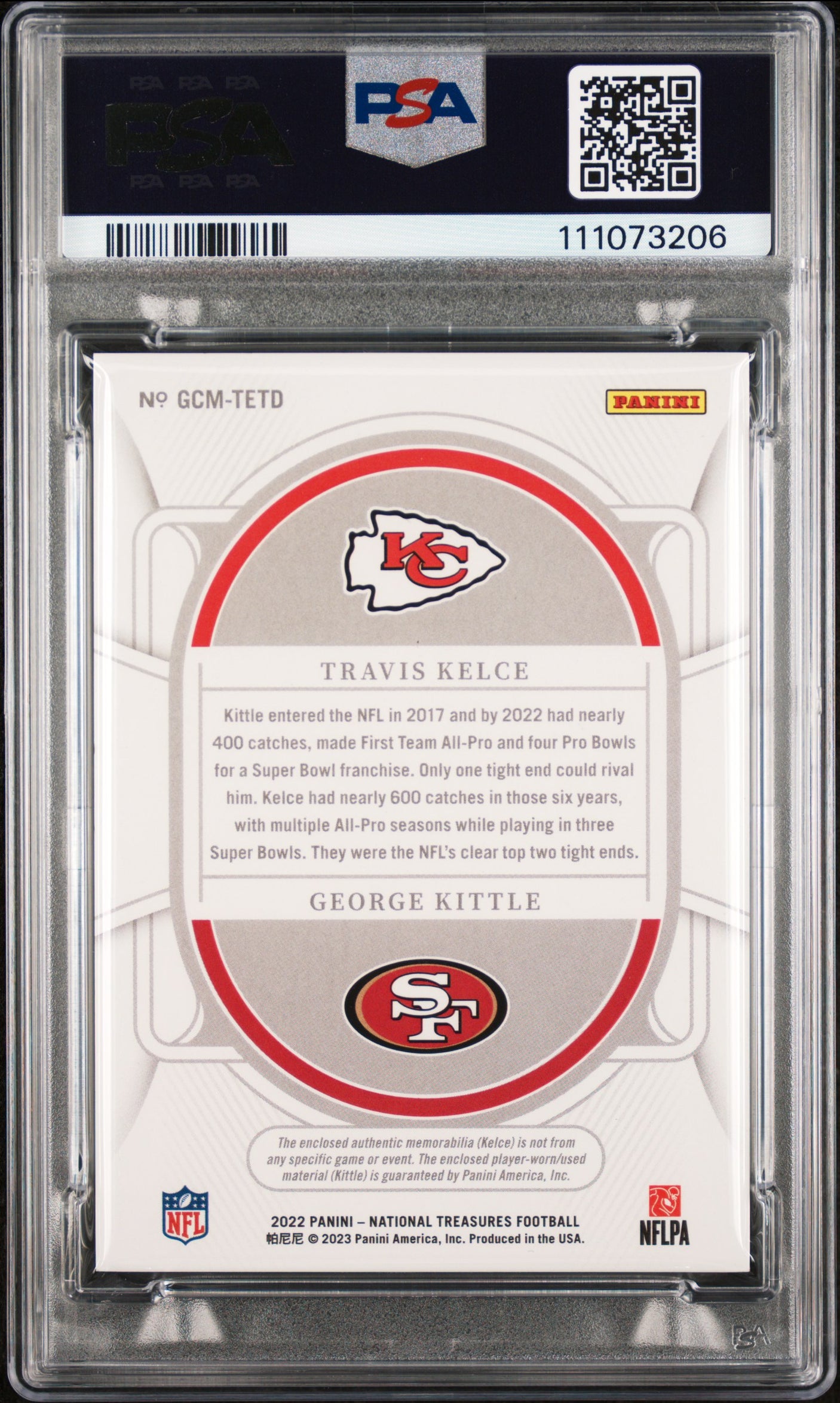 Travis Kelce & George Kittle Signed 2022 NT GC Mat #TETD Card Grade 9 PSA Slab 2