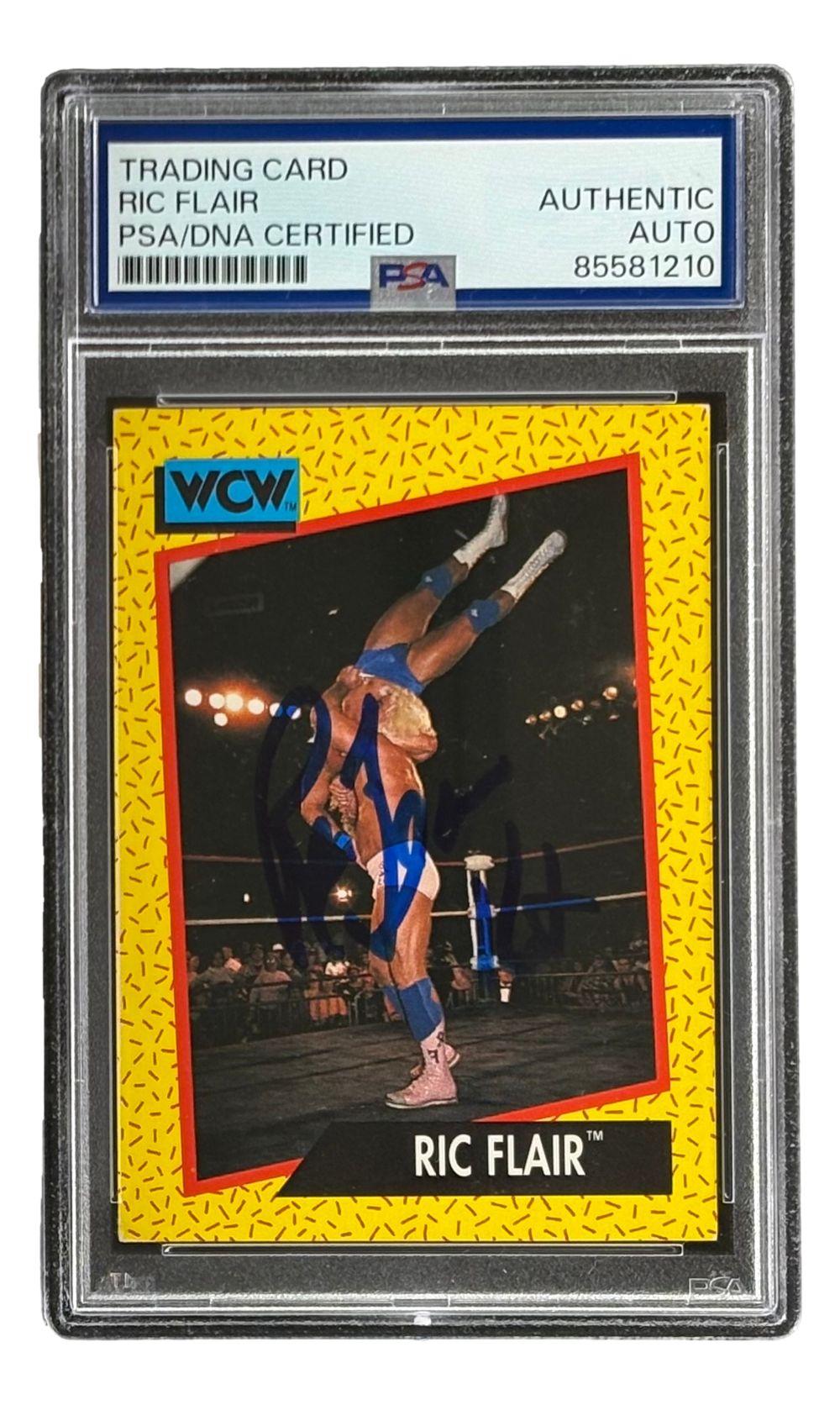 A PSA-graded Ric Flair Signed 1991 WCW #42 Trading Card by Sports Integrity features his autograph and "16x" inscription, is encased with PSA/DNA certification, and shows him wrestling in the ring.