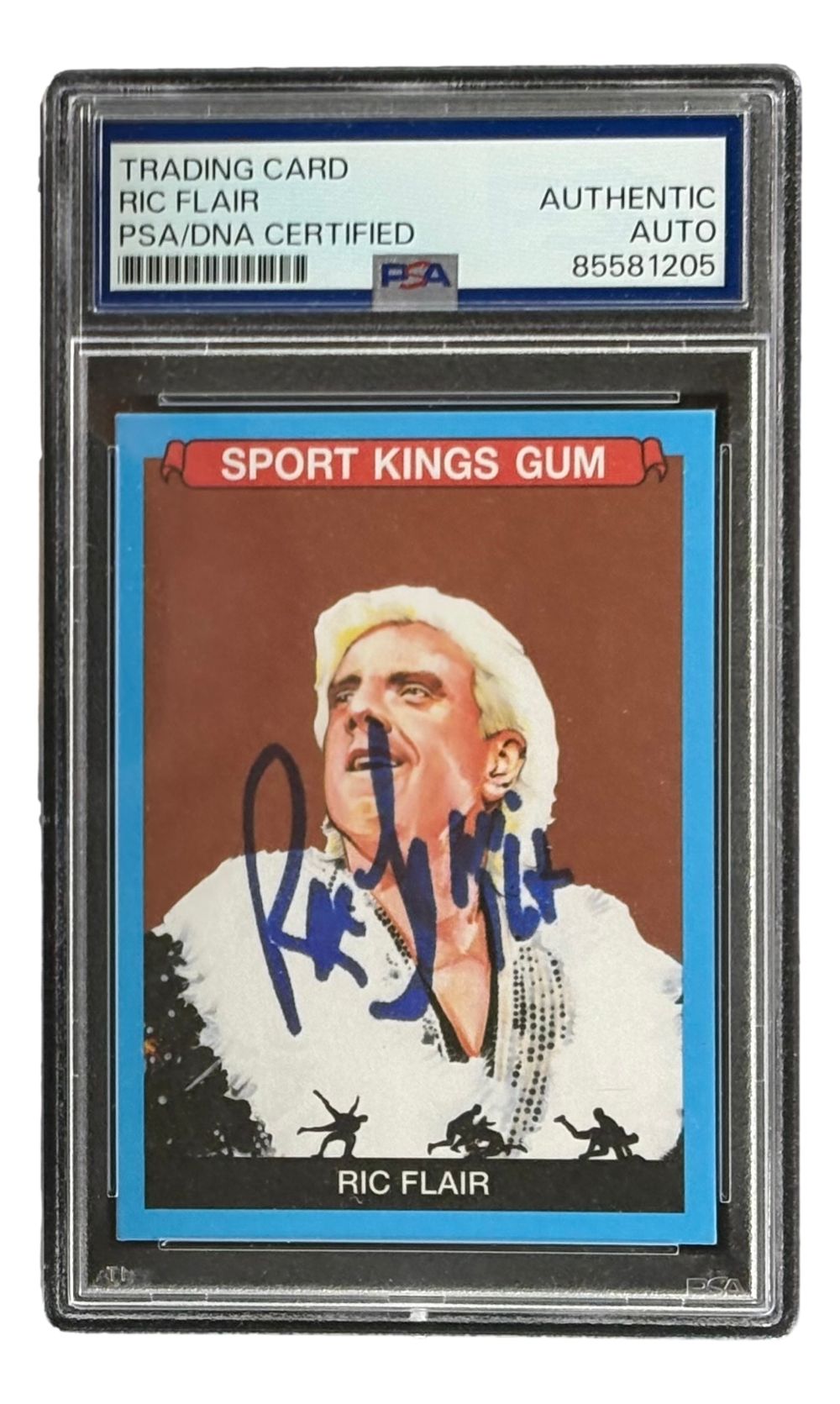 The Ric Flair Signed 2023 Sport Kings #141 Wrestling Trading Card, inscribed 16x and authenticated by PSA, features his bold blue autograph on the front. Offered by Sports Integrity in a protective case.