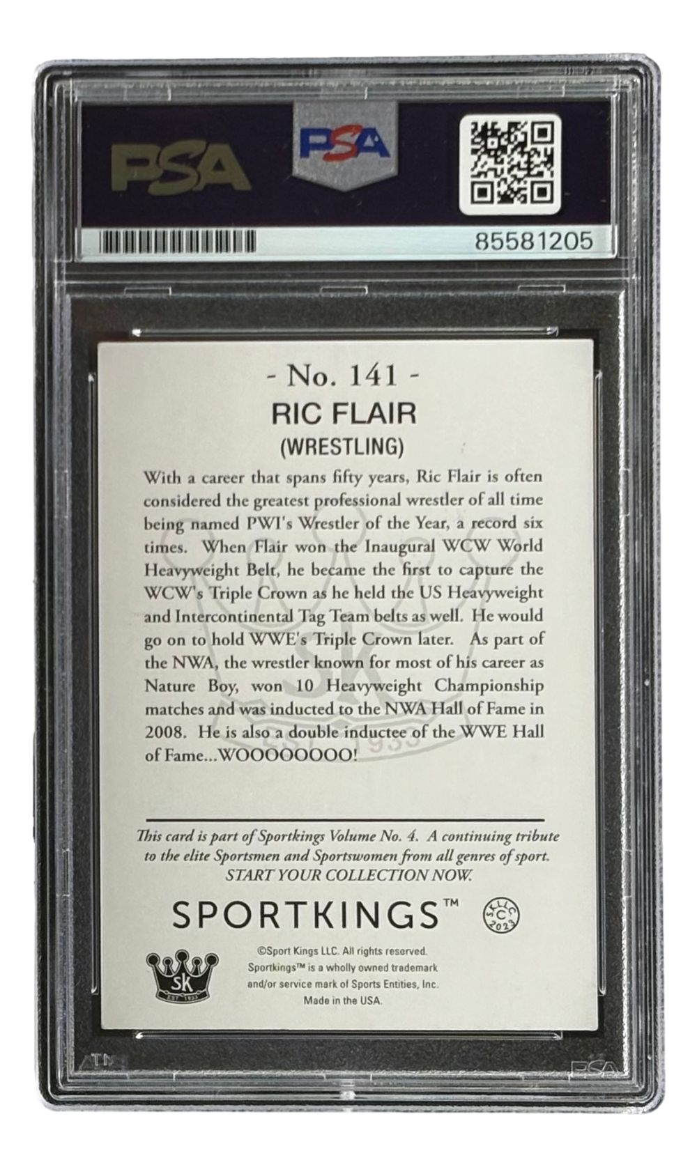 A Ric Flair Signed 2023 Sport Kings #141 Wrestling Trading Card, inscribed "16x," authenticated by PSA and offered by Sports Integrity, comes encased in a clear protective holder with a printed biography of his achievements.