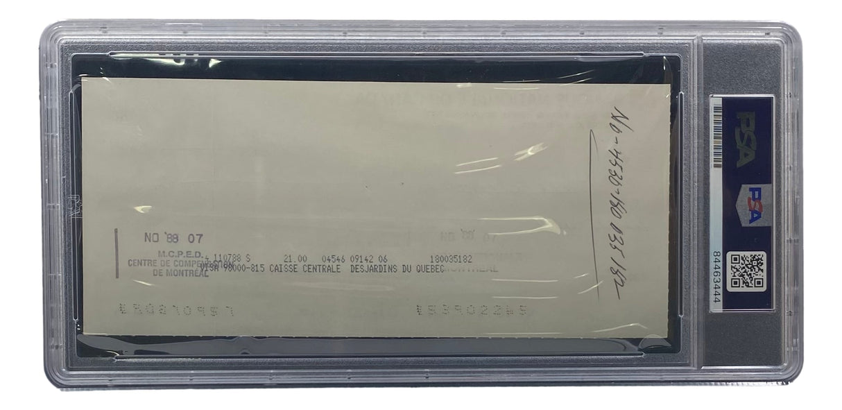 The Maurice Richard Signed Montreal Canadiens Bank Check #31 by Sports Integrity is displayed in a PSA/DNA holder, showcasing visible serial numbers, typed details, and French text referencing a Quebec central bank.