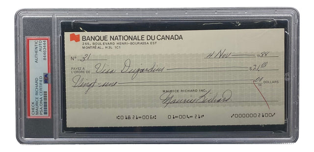 The Sports Integrity Maurice Richard Signed Montreal Canadiens Bank Check #31 features his autograph, is made out to “Miss Disyakian,” dated Nov 14, 1984 for $2.00, and comes encased in a clear PSA/DNA authentication holder.