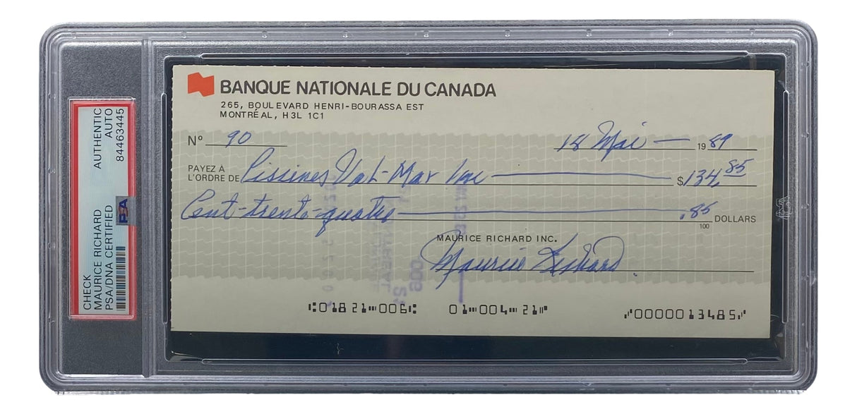 A Maurice Richard Signed Montreal Canadiens Bank Check #90 for $134.55, dated March 12, 1988, authenticated by PSA/DNA and offered by Sports Integrity.