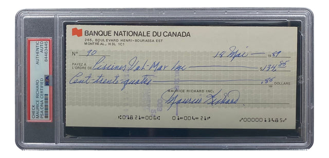 A Maurice Richard Signed Montreal Canadiens Bank Check #90 for $134.55, dated March 12, 1988, authenticated by PSA/DNA and offered by Sports Integrity.