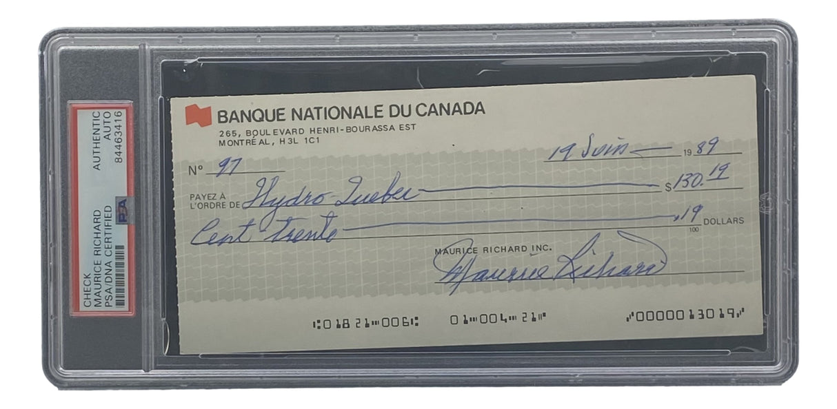 The Sports Integrity Maurice Richard Signed Montreal Canadiens Bank Check #97 PSA/DNA features Richard’s authentic signature on a cheque, dated June 12, 1989, to Hydro Quebec for $150.12, displayed in a protective case with authentication.