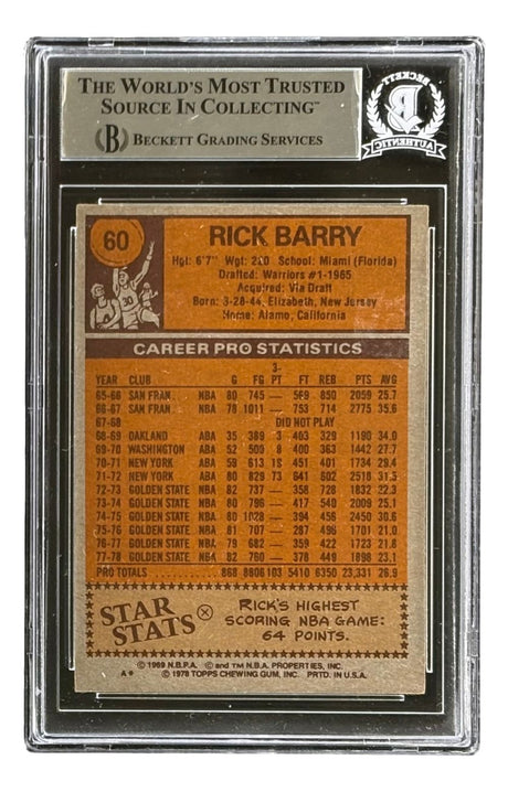A Rick Barry Signed 1978/79 Topps #60 Warriors Trading Card by Sports Integrity, authenticated by BAS and encased for protection, featuring Barry's stats and biographical details.