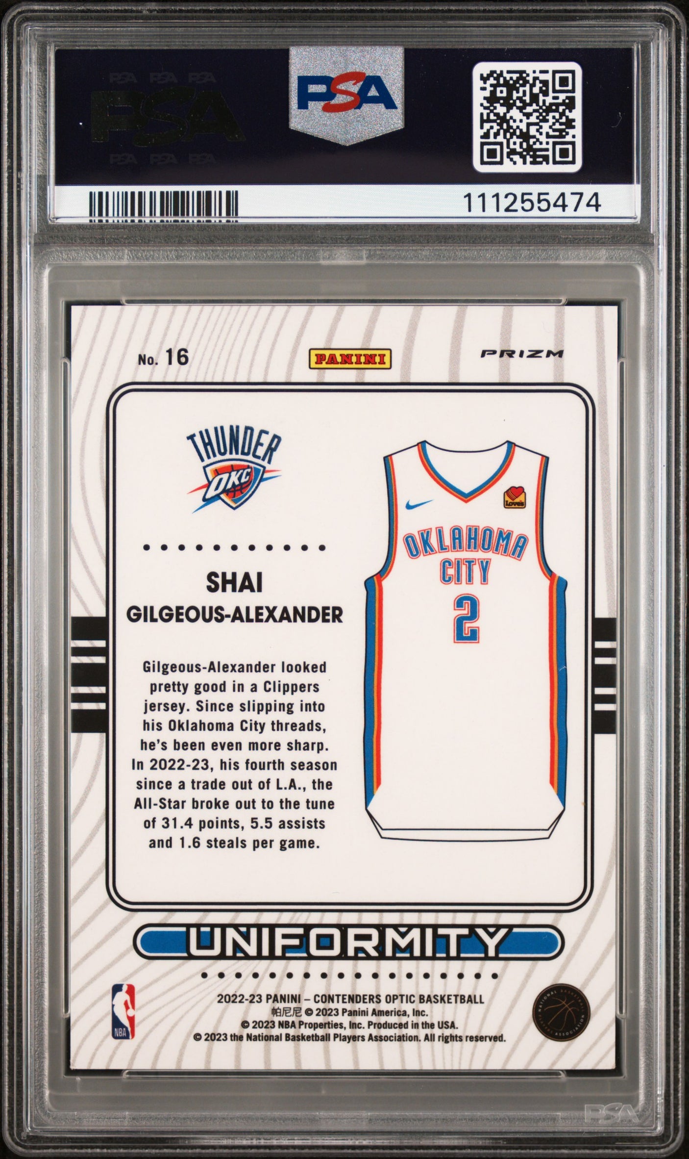 Shai Gilgeous-Alexander Signed 2022 Contenders Optic Uni #16 Card PSA/DNA Slab