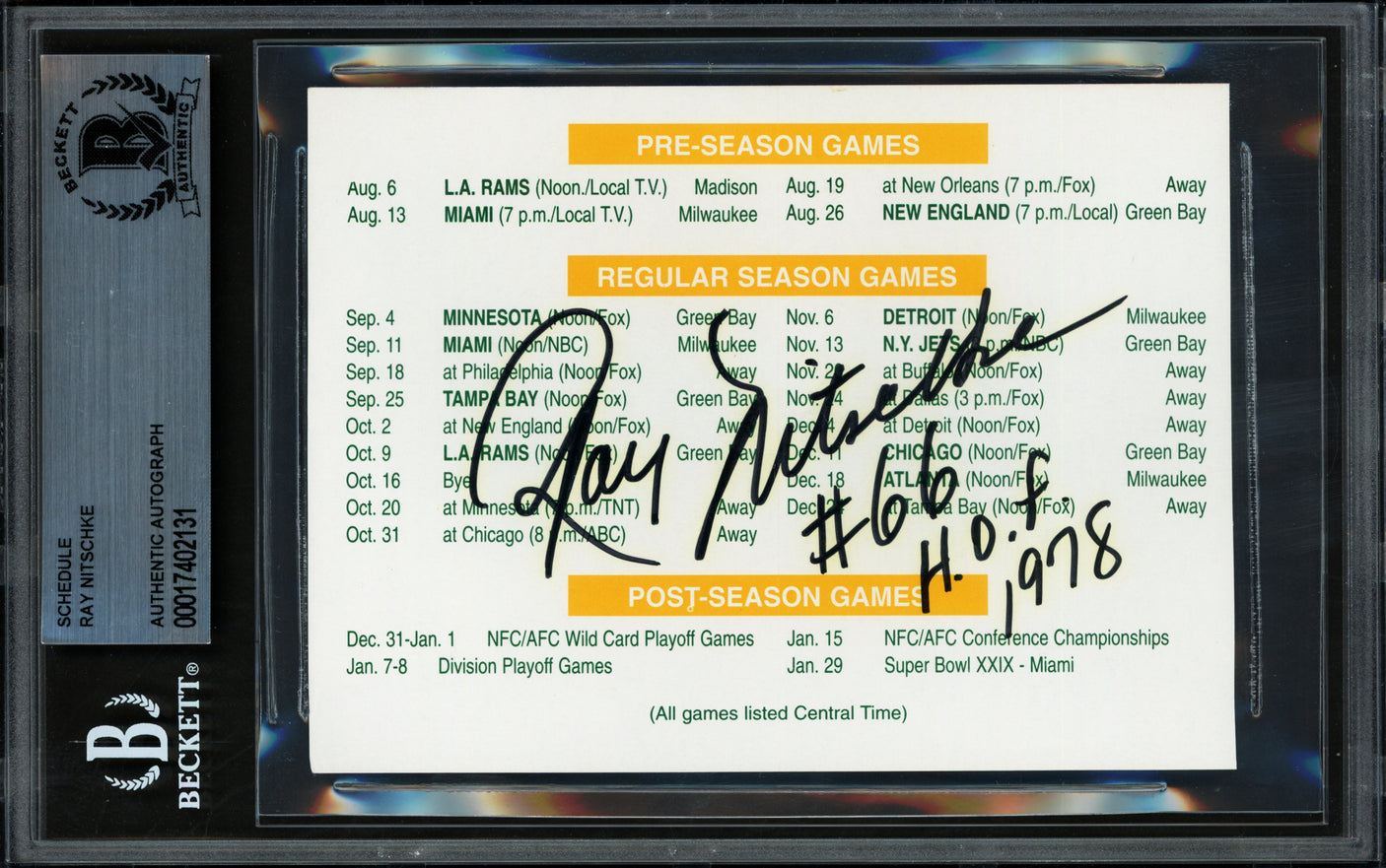 Ray Nitschke Autographed 1994 Schedule Green Bay Packers "#66 HOF 1978" Beckett BAS #17402065