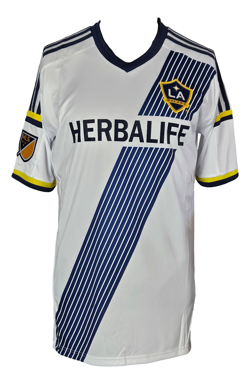 A white Robbie Keane signed LA Galaxy Adidas soccer jersey by Sports Integrity, featuring navy/yellow accents, diagonal stripes, Herbalife logo, LA Galaxy crest on chest, and MLS patch on the sleeve.