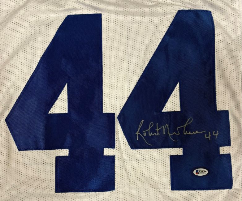 This Sports Integrity Robert Newhouse Dallas Signed White Football Jersey features a large blue 44, an autograph with “44” inscription in black marker, and a BAS authentication sticker below.