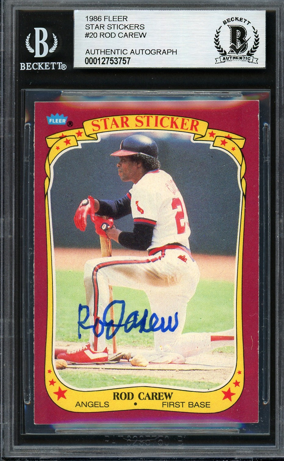 Rod Carew Signed 1986 Fleer Stickers #20 Angels Trading Card BAS