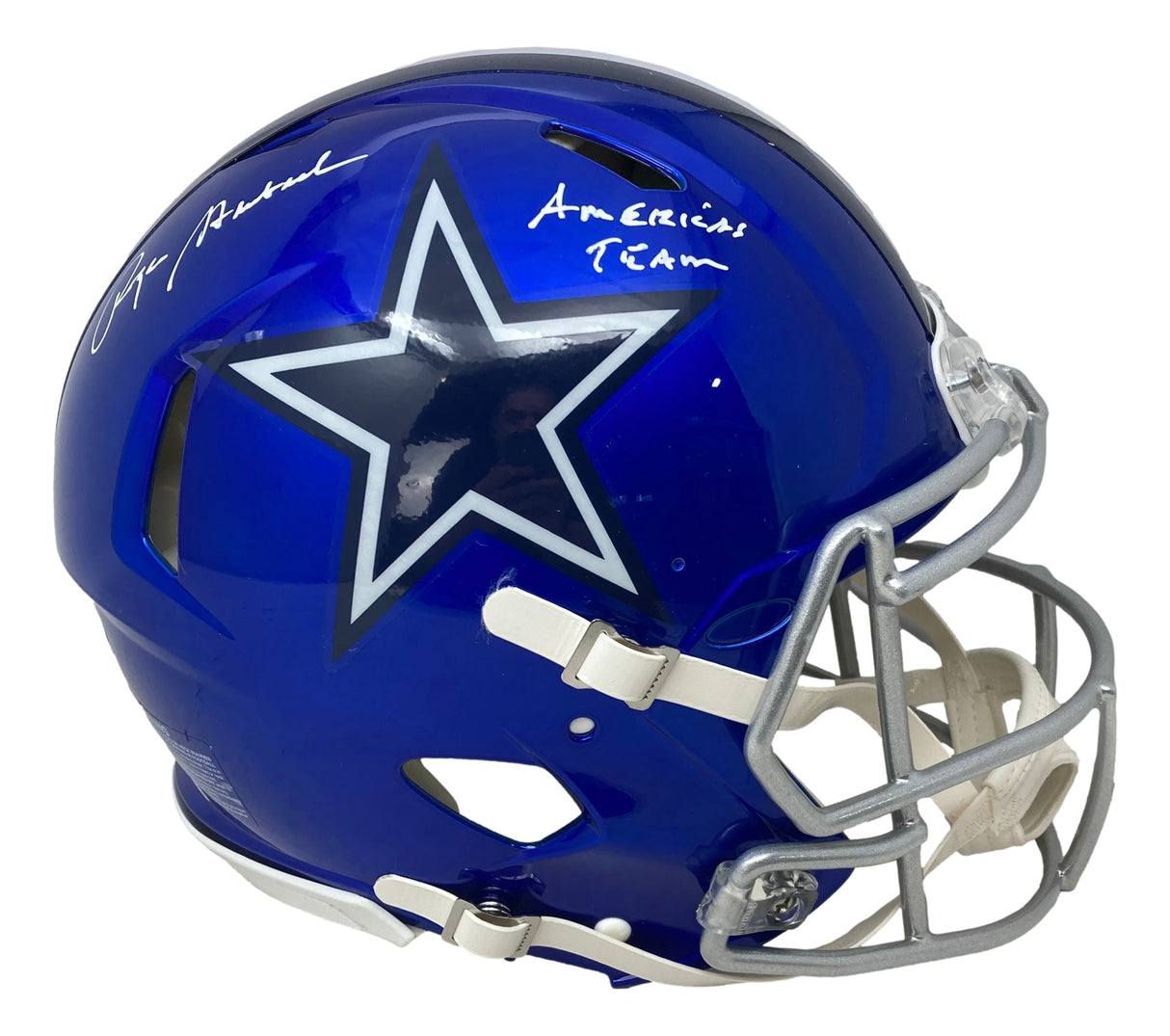 The Sports Integrity Roger Staubach Signed Cowboys FS Flash Authentic Speed Helmet features autographs, a silver star logo, silver faceguard, and “America’s Team” inscription.