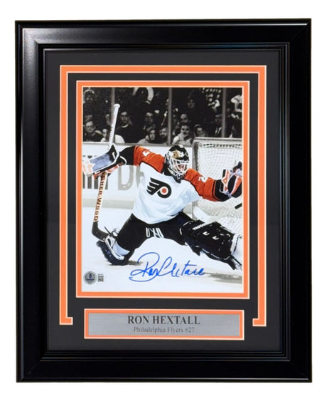 Sports Integrity Ron Hextall Signed Framed 8x10 Save Photo features the Philadelphia Flyers goalie in action, with his large blue autograph and a plaque below the image.