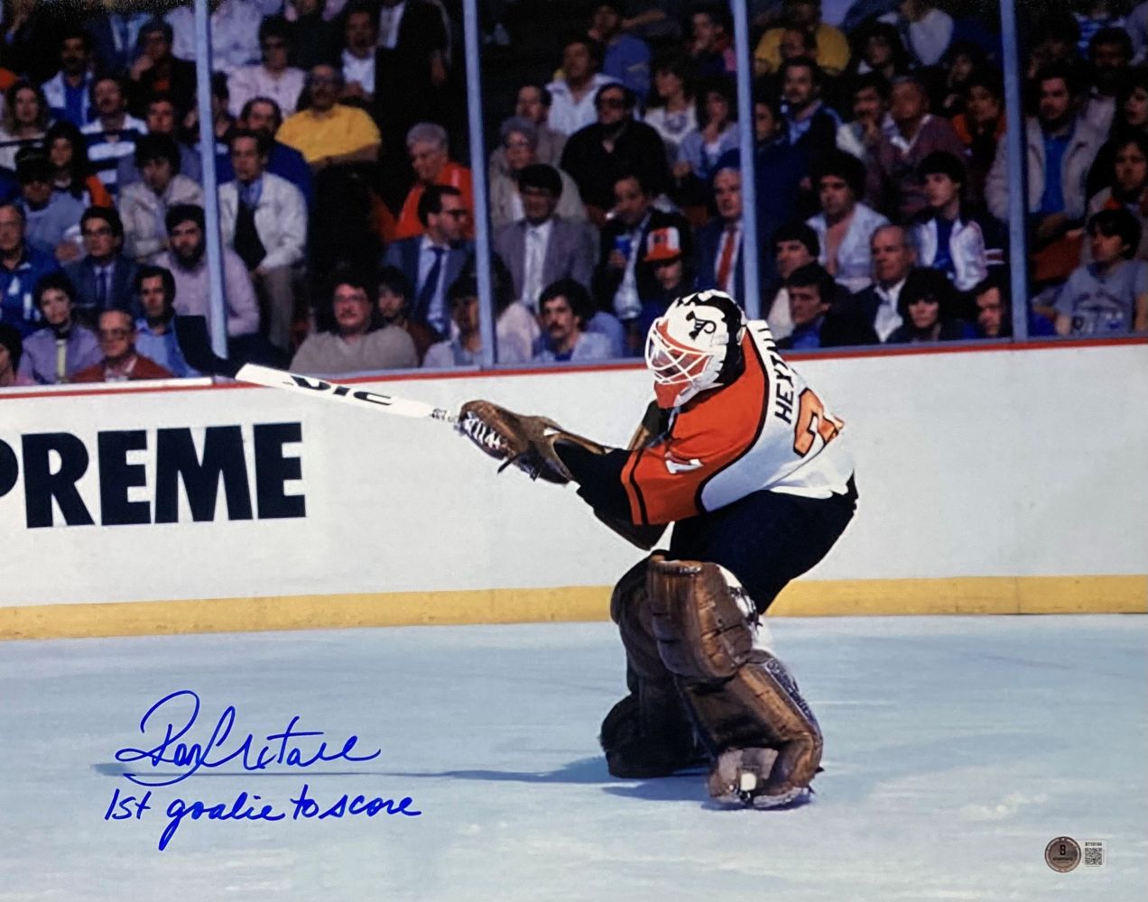 Ron Hextall Signed 16x20 Philadelphia Flyers Goal Photo 1st Goalie To Score BAS