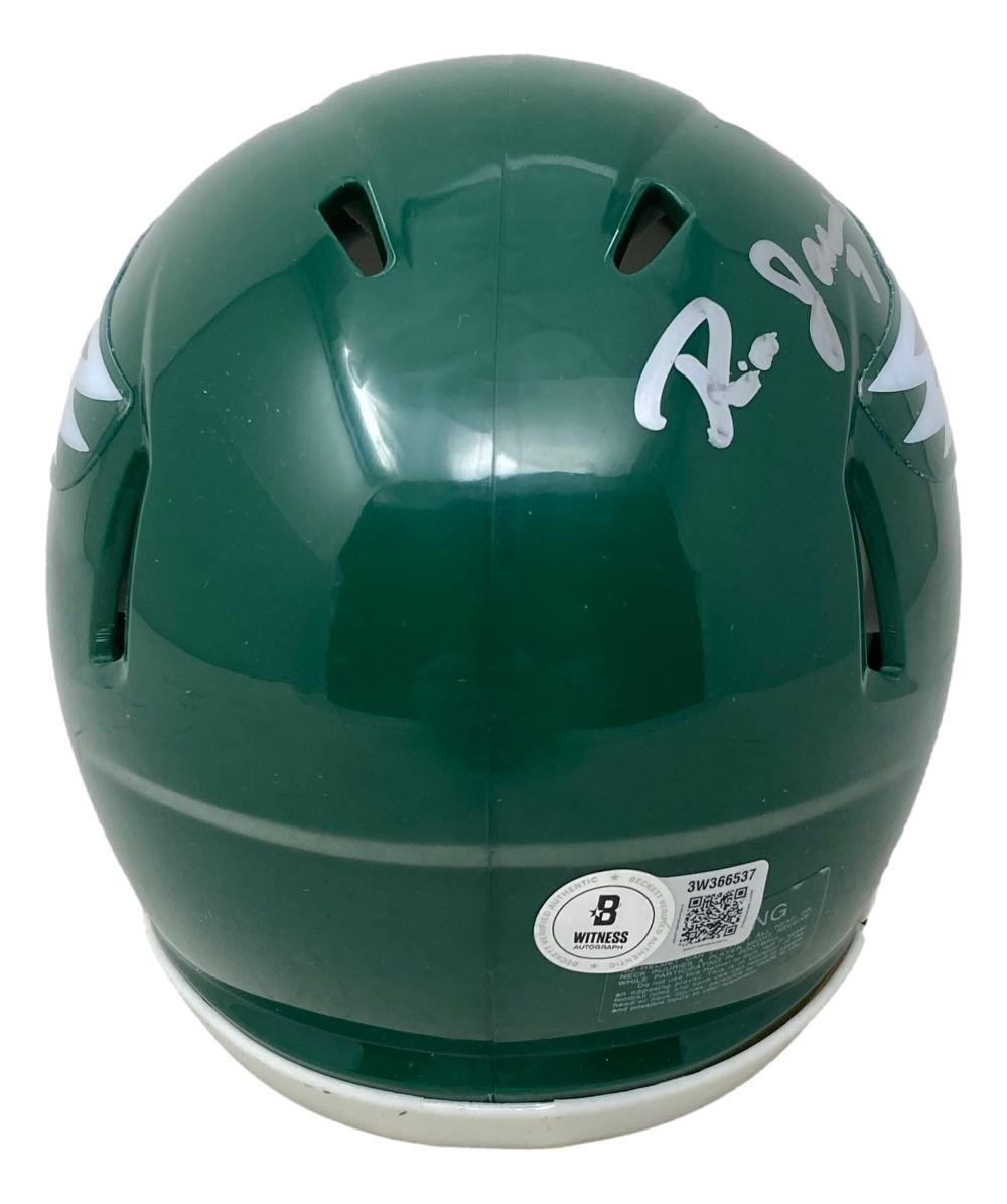 The Sports Integrity Ron Jaworski Signed Philadelphia Eagles Kelly Green Mini Speed Helmet features a silver autograph on the upper right back and a BAS certification sticker near the bottom edge.