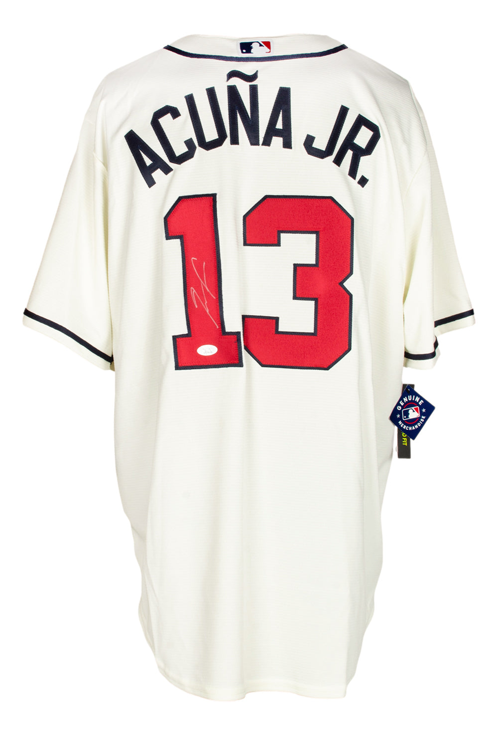 The Sports Integrity Ronald Acuna Jr. Signed Atlanta Braves Cream Nike Baseball Jersey (JSA authenticated) features “ACUÑA JR.” and number 13 in red, black trim, a white autograph on the number, and a sleeve tag—perfect for collectors.