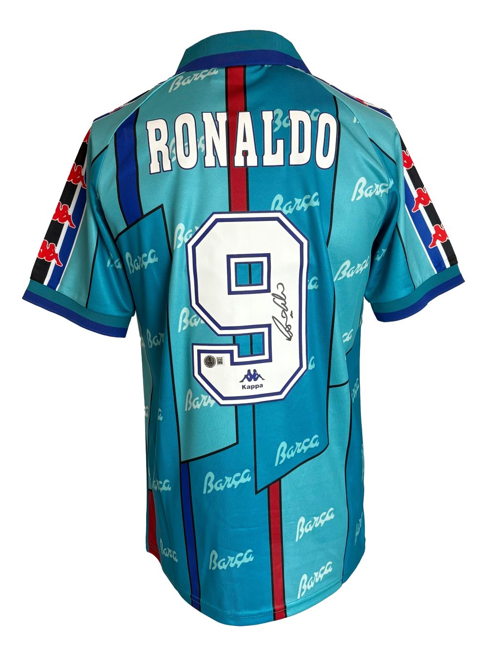Ronaldo Signed Barcelona Blue Kappa Soccer Jersey BAS