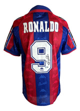 The Sports Integrity Ronaldo Signed Barcelona Kappa Soccer Jersey BAS features red and blue vertical stripes, RONALDO and number 9 on the back, plus a signature on the number.