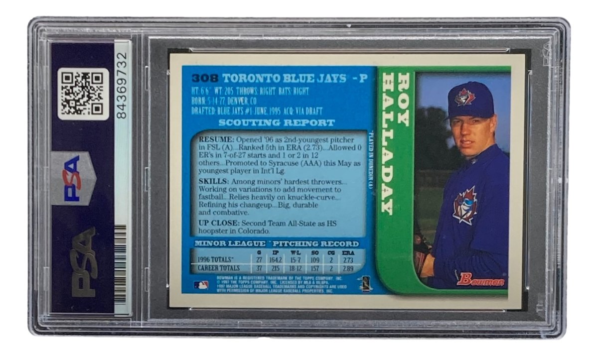 Roy Halladay Signed Toronto Blue Jays 1997 Bowman #308 Rookie Card PSA/DNA - Sports Integrity