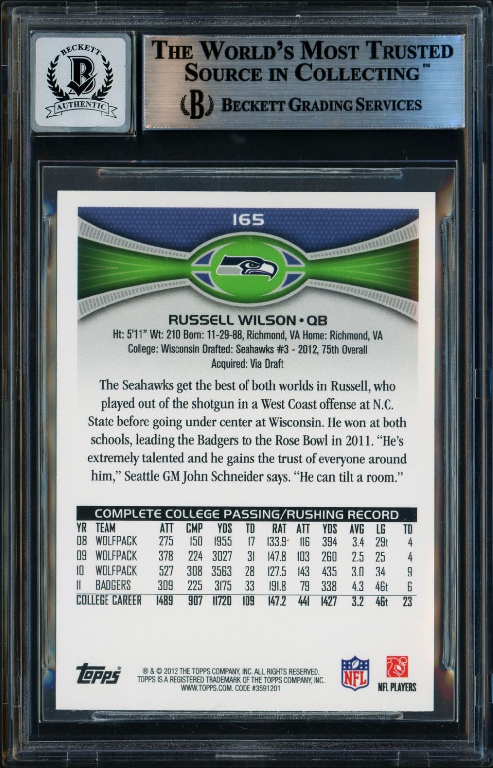 Russell Wilson Signed 2012 Topps #165A Seahawks Rookie Card BAS Auto 10