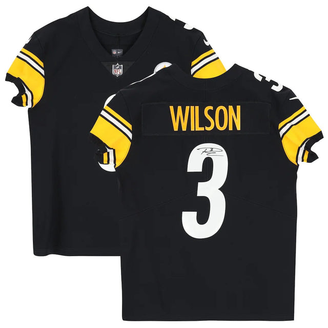The Sports Integrity Russell Wilson Signed Pittsburgh Steelers Nike Elite Jersey Fanatics features black with yellow and white details, number 3, "Wilson" on the back, and an autograph above the number; shown from front and back.