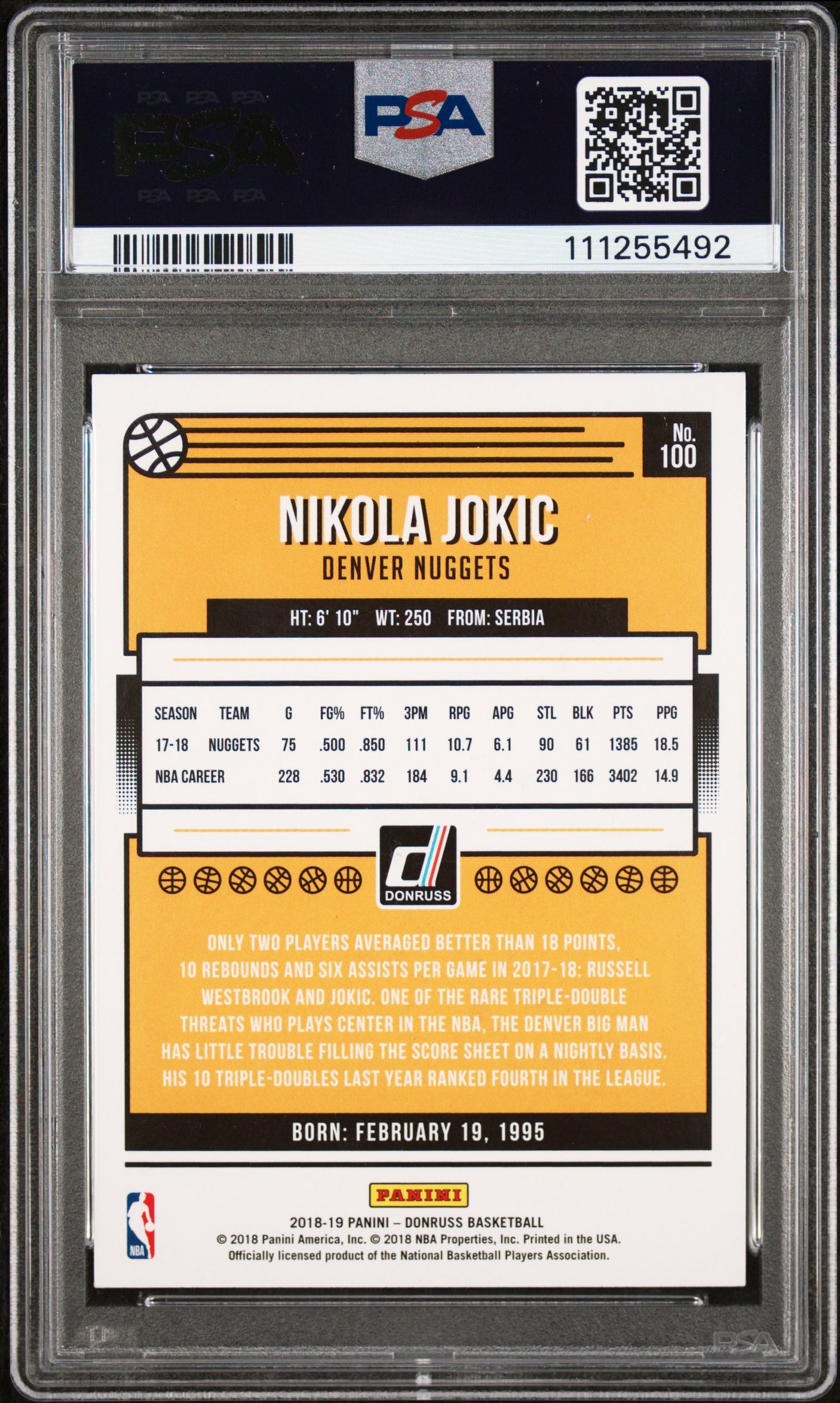 Nuggets Nikola Jokic Authentic Signed 2018 Panini Donruss #100 Card PSA Slabbed