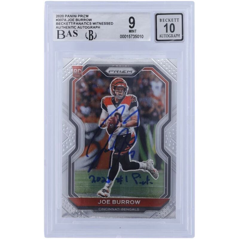 Joe Burrow Autographed/Inscribed "2020 #1 Pick" Cincinnati Bengals 2020 Panini Prizm #307 Beckett Fanatics Witnessed Authenticated 9/10 Rookie Card