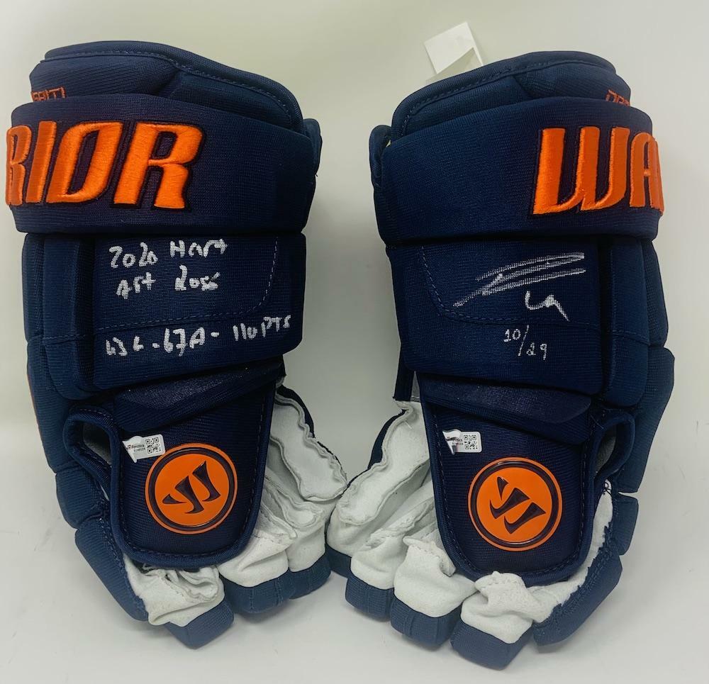 LEON DRAISAITL Edmonton Oilers Autographed/Multi-Inscribed Warrior Game Model Hockey Gloves FANATICS LE 29