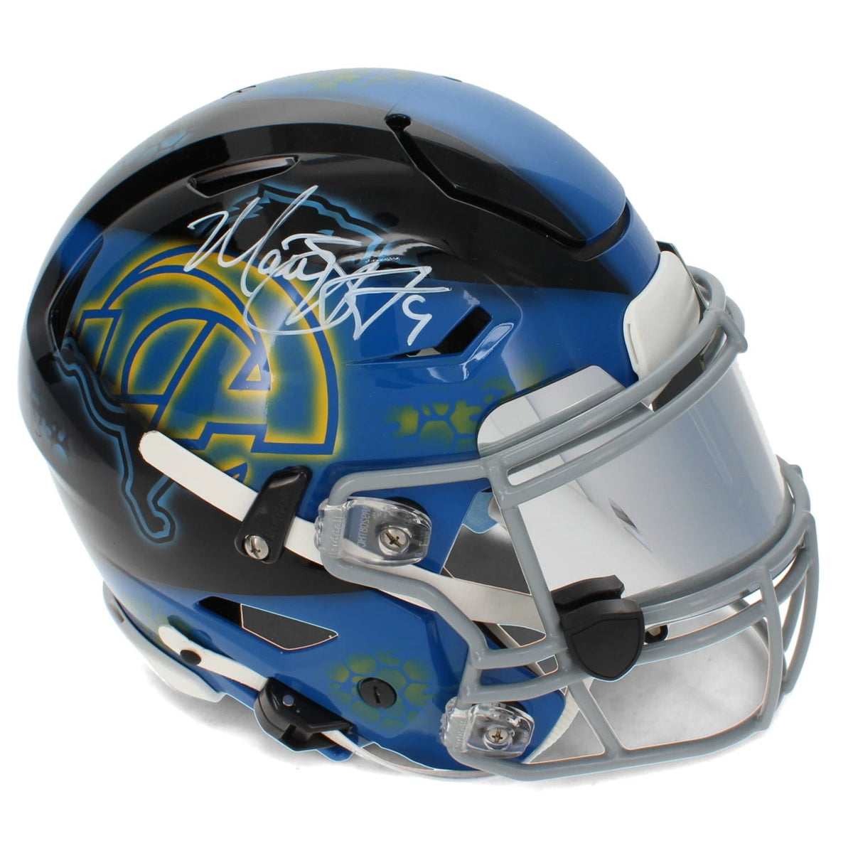 Matthew Stafford Autographed Los Angeles Rams/Detroit Lions Black/Blue Custom Painted RIPPED Speedflex Authentic Helmet Beckett Witnessed