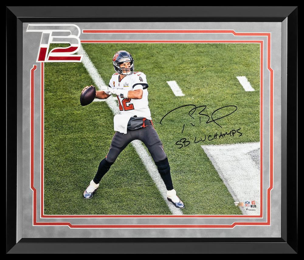 TOM BRADY Tampa Bay Buccaneers Autographed/Inscribed "LV CHAMPS" 25.75" x 22.125" Custom Framed Super Bowl LV Champions Super Bowl LV Action Photograph FANATICS