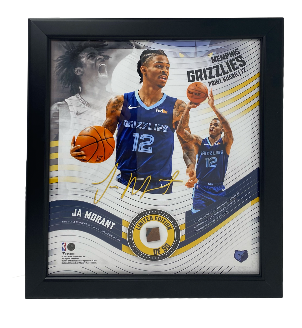 JA MORANT Grizzlies Framed 15" x 17" Game Used Basketball Display LE 50