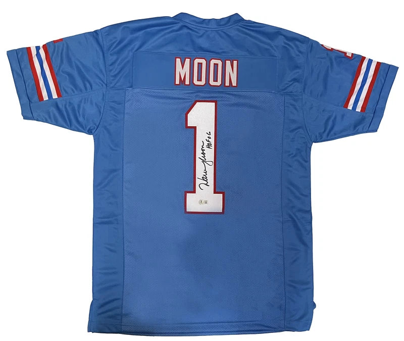 Warren Moon Autographed/Inscribed "HOF '06" #1 Baby Blue Throwback Custom Jersey Beckett Witnessed