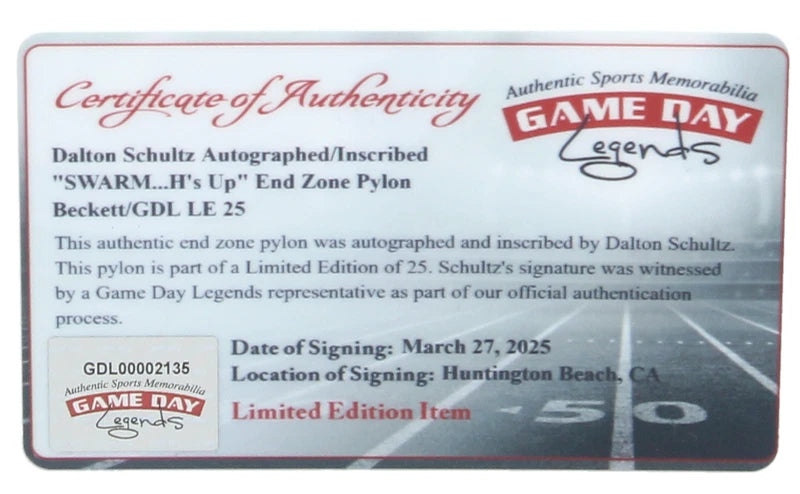 Dalton Schultz Autographed/Inscribed "SWARM...H's Up" End Zone Pylon Beckett/GDL LE 1/25