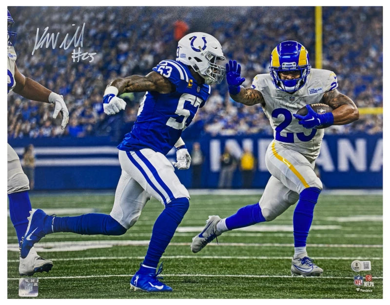 Kyren Williams Autographed (in White) Los Angeles Rams "Stiff Arm" 16" x 20" Photograph Beckett Witnessed