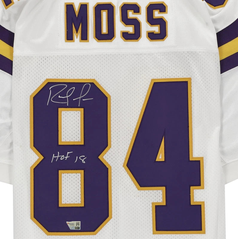 Randy Moss Autographed/Inscribed "HOF 18" Minnesota Vikings Mitchell & Ness White Authentic Jersey Fanatics