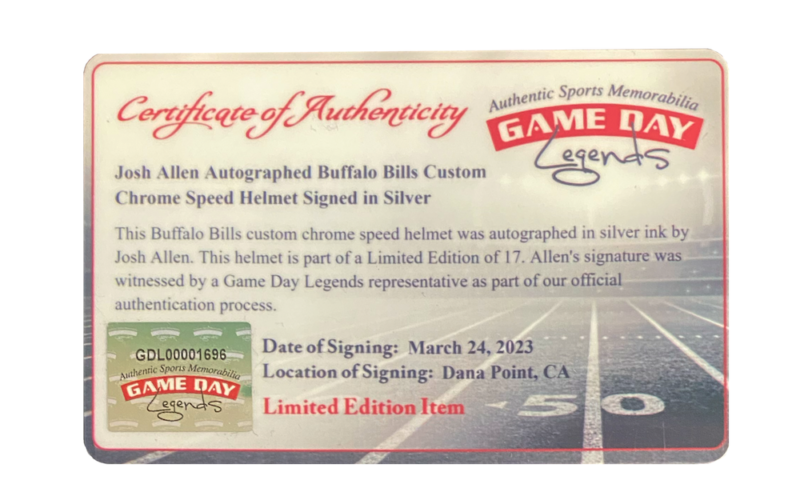 Josh Allen Autographed Buffalo Bills Chrome Speed Authentic Helmet (Signed in Silver) GDL/Beckett Witnessed LE 1/17