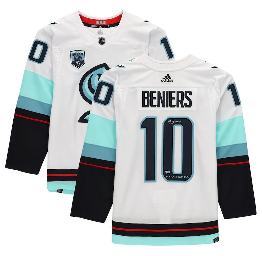 MATT BENIERS Autographed/Inscribed "1st Kraken Draft Pick" Seattle Kraken White Adidas Jersey FANATICS