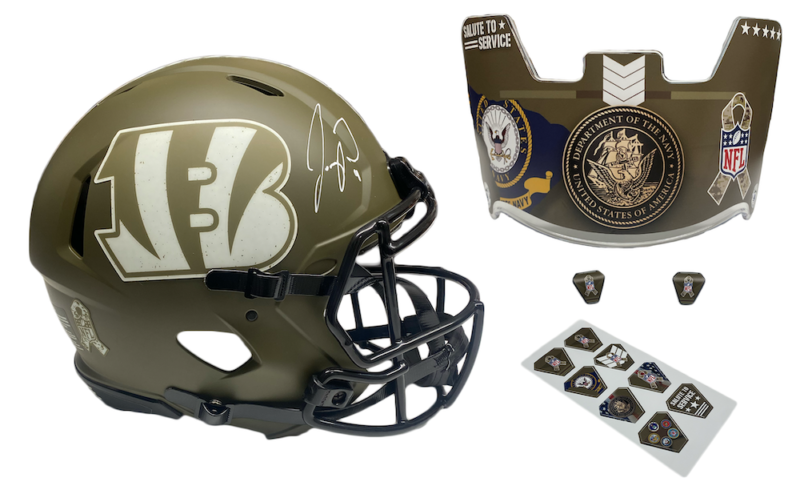 JOE BURROW Autographed Cincinnati Bengals 2022 Salute to Service Speed Authentic Helmet with 2022 STS Navy Custom Visor FANATICS