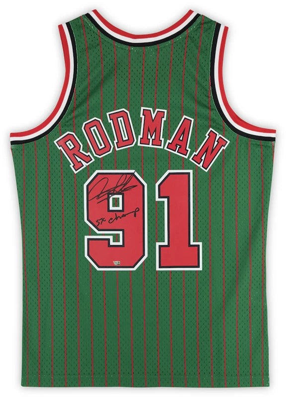 Dennis Rodman Autographed/Inscribed "5x Champ" Chicago Bulls Green Mitchell & Ness 1995-96 Authentic Jersey Fanatics