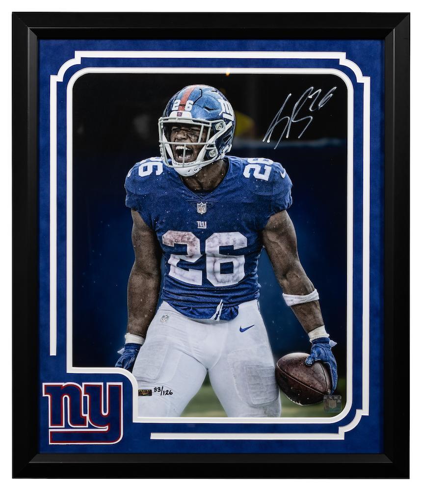 SAQUON BARKLEY Autographed New York Giants 25.75" x 22.125" Custom Framed "Intensity" 16 x 20 Photograph PANINI LE 126