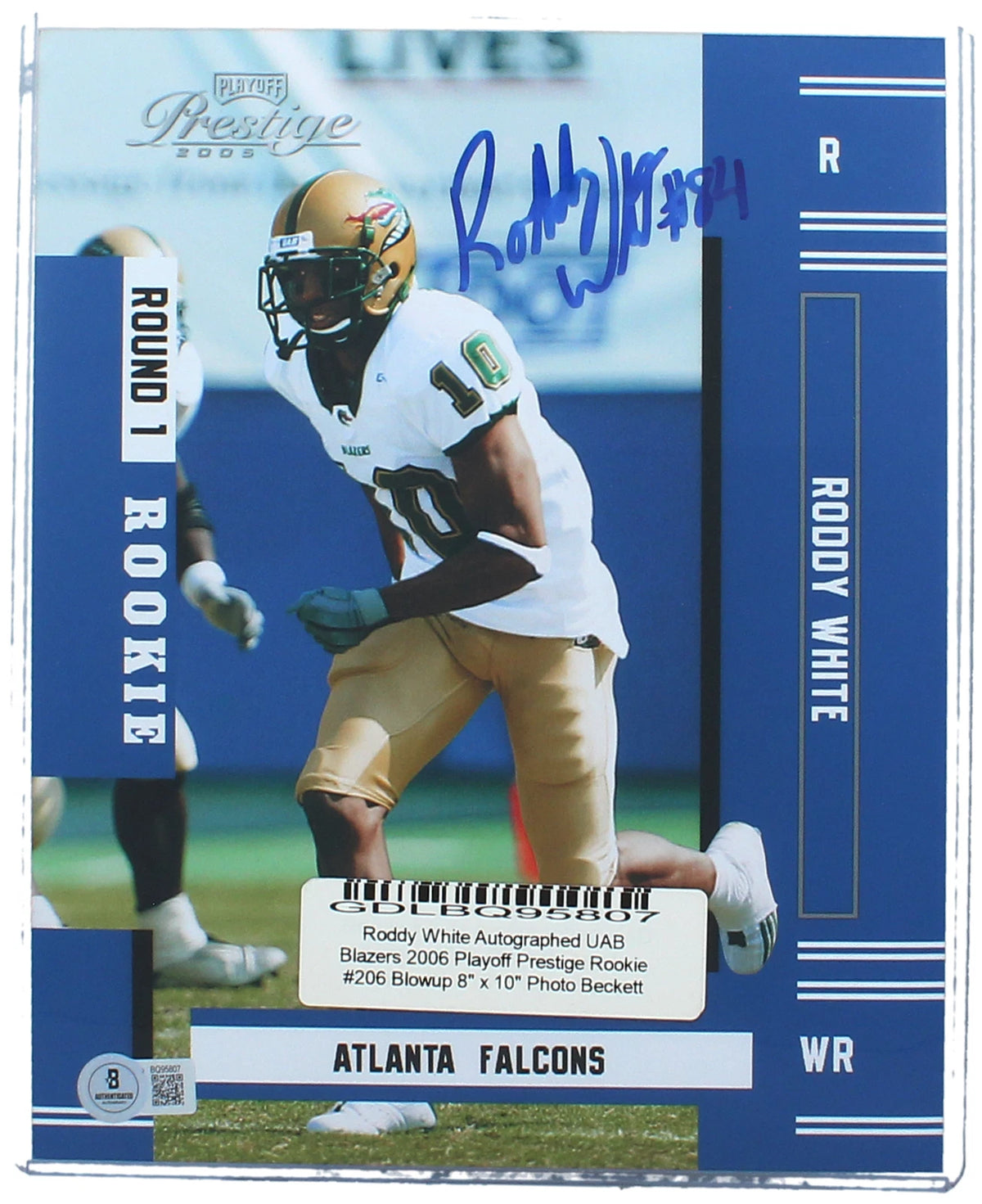 Roddy White Autographed UAB Blazers 2006 Playoff Prestige Rookie #206 Blowup 8" x 10" Photo Beckett