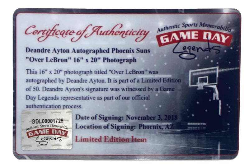 DeAndre Ayton Autographed Phoenix Suns "Over LeBron" 16" x 20" Photograph - Limited Edition of 22/50 - Game Day Legends & Steiner
