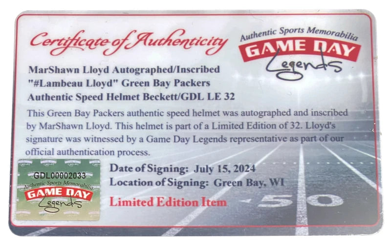 MarShawn Lloyd Autographed/Inscribed "#Lambeau Lloyd" Green Bay Packers Speed Authentic Helmet Beckett/GDL LE 1/32