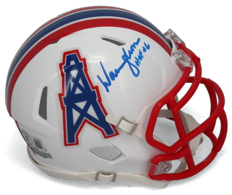 Warren Moon Autographed/Inscribed "HOF 06" Houston Oilers 1981-98 Throwback Speed Mini Helmet Beckett Witnessed